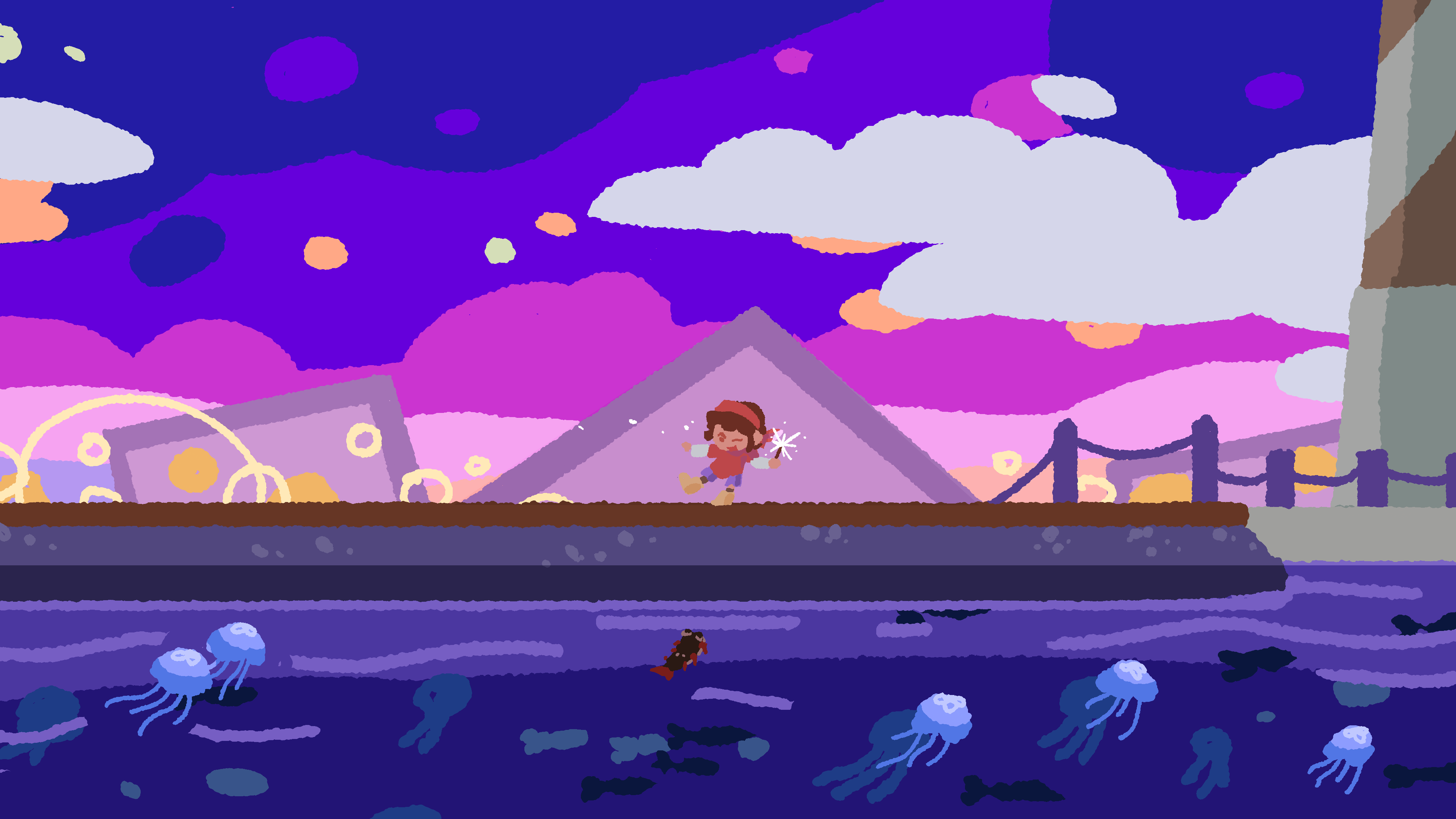 DRENCHED key art: a child runs across a pier at dusk while a fish swims among jellyfish in the water below