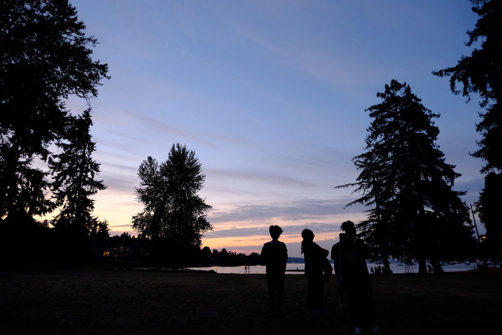 Friends silhouetted against the dusk sky by a lake