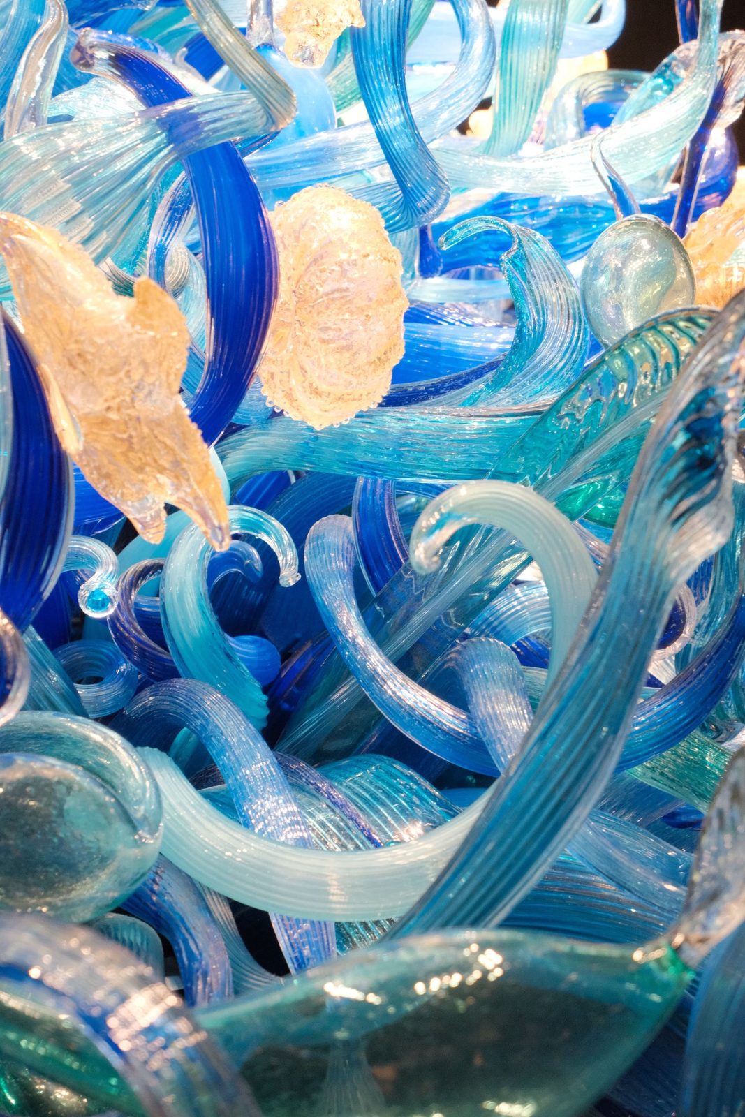 A close look at the swirling blues of a Chihuly glass sculpture