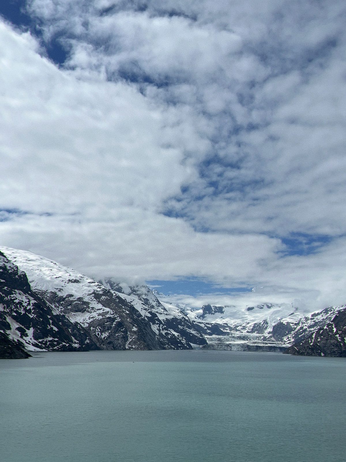 Snow-capped mountains and a glacier meeting the teal sea