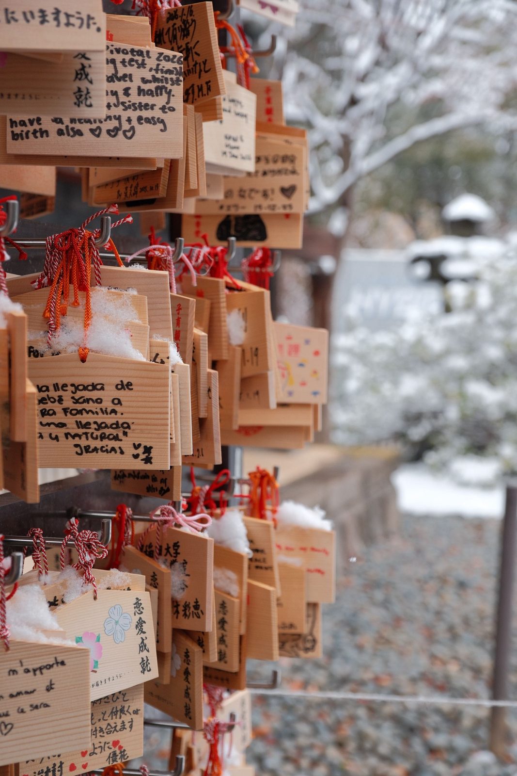 Ema wishing plaques hanging at a snow-dusted shrine