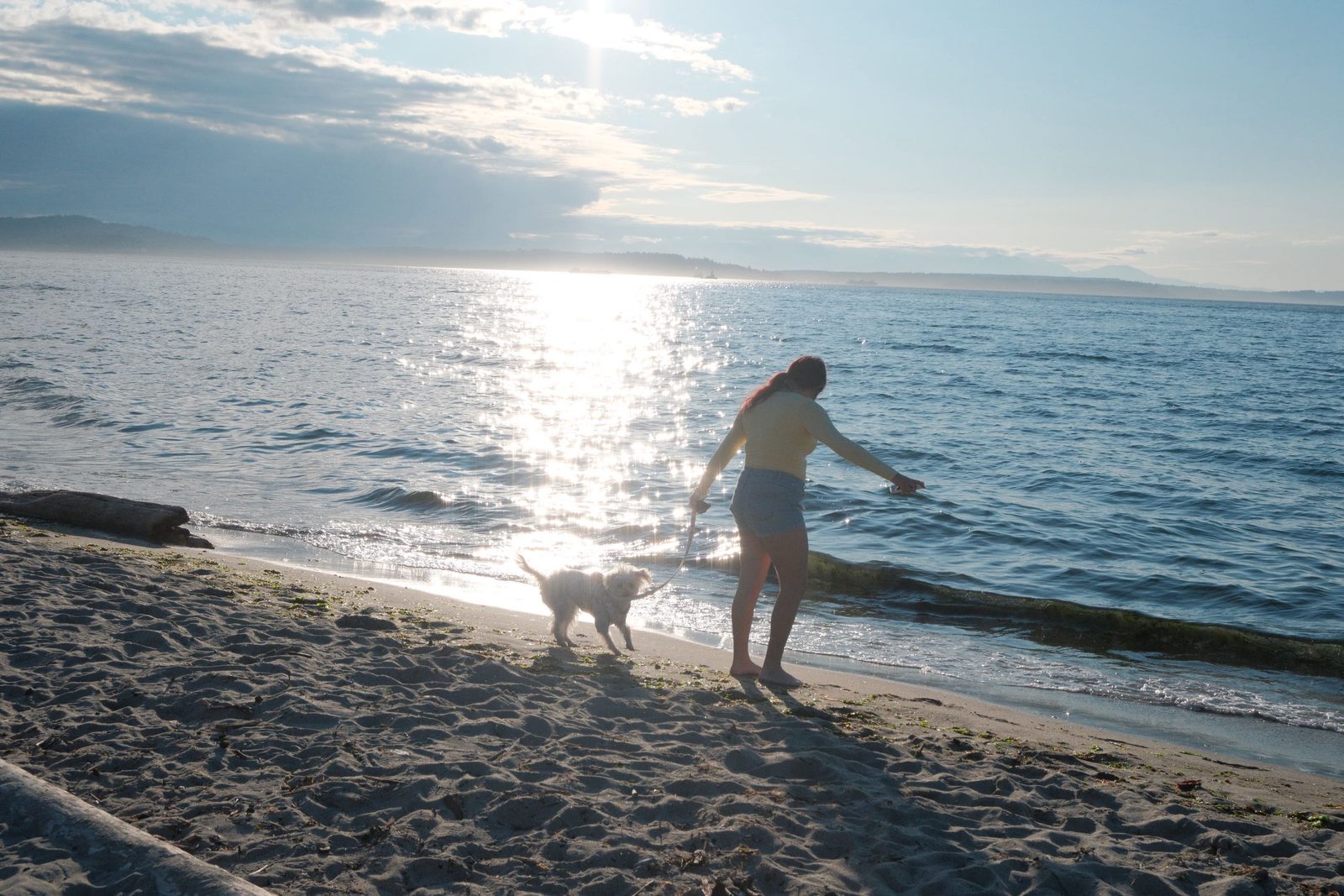 A woman playing with her dog on the beach at sunset