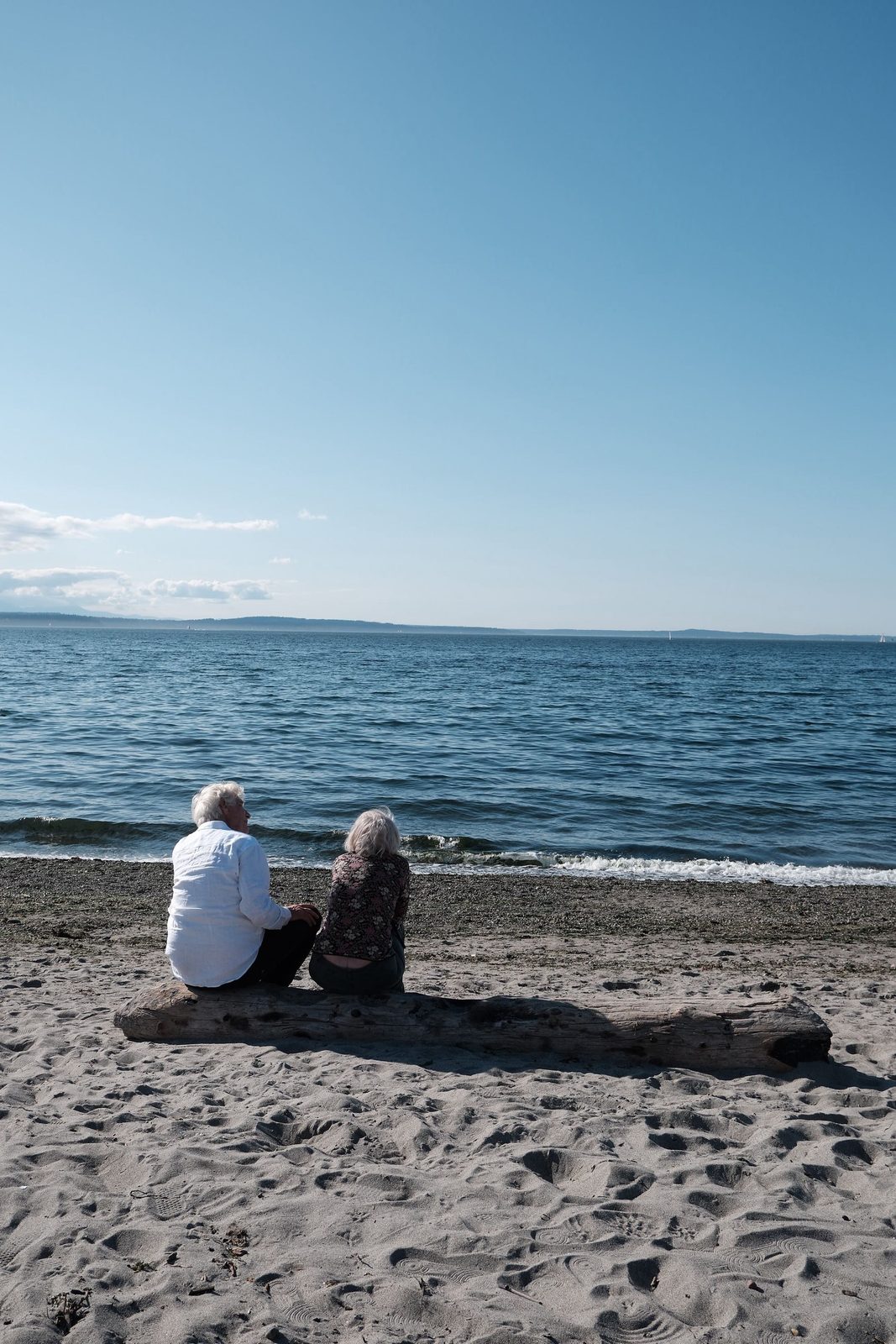 An elderly couple sitting on driftwood, watching the sea