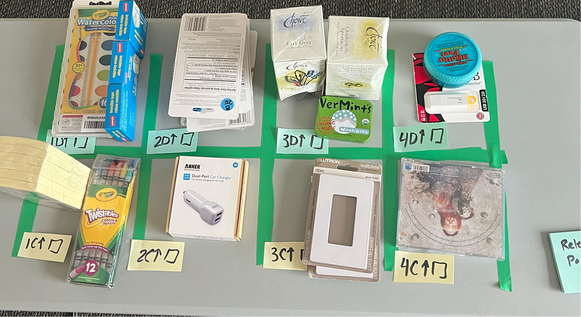 Concept testing pod with products laid out on a table