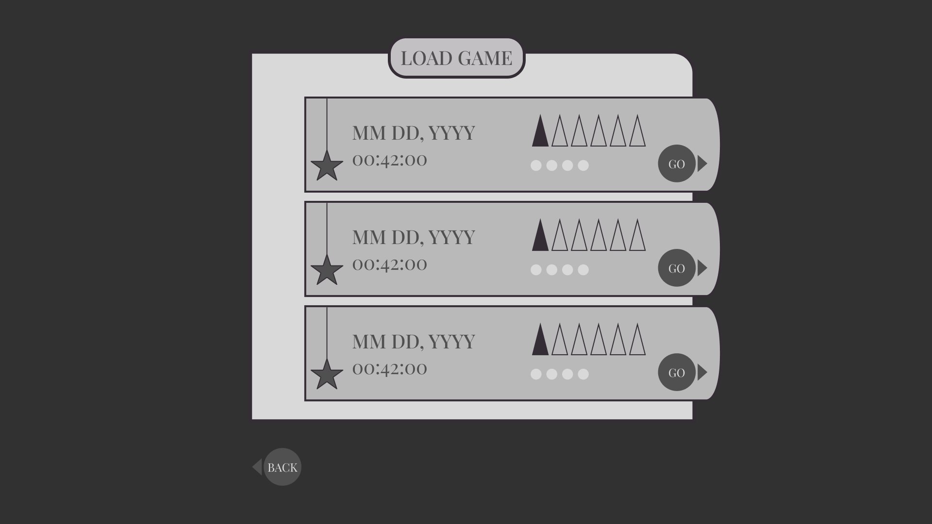 STARWEAVE save select screen, early lofi wireframe