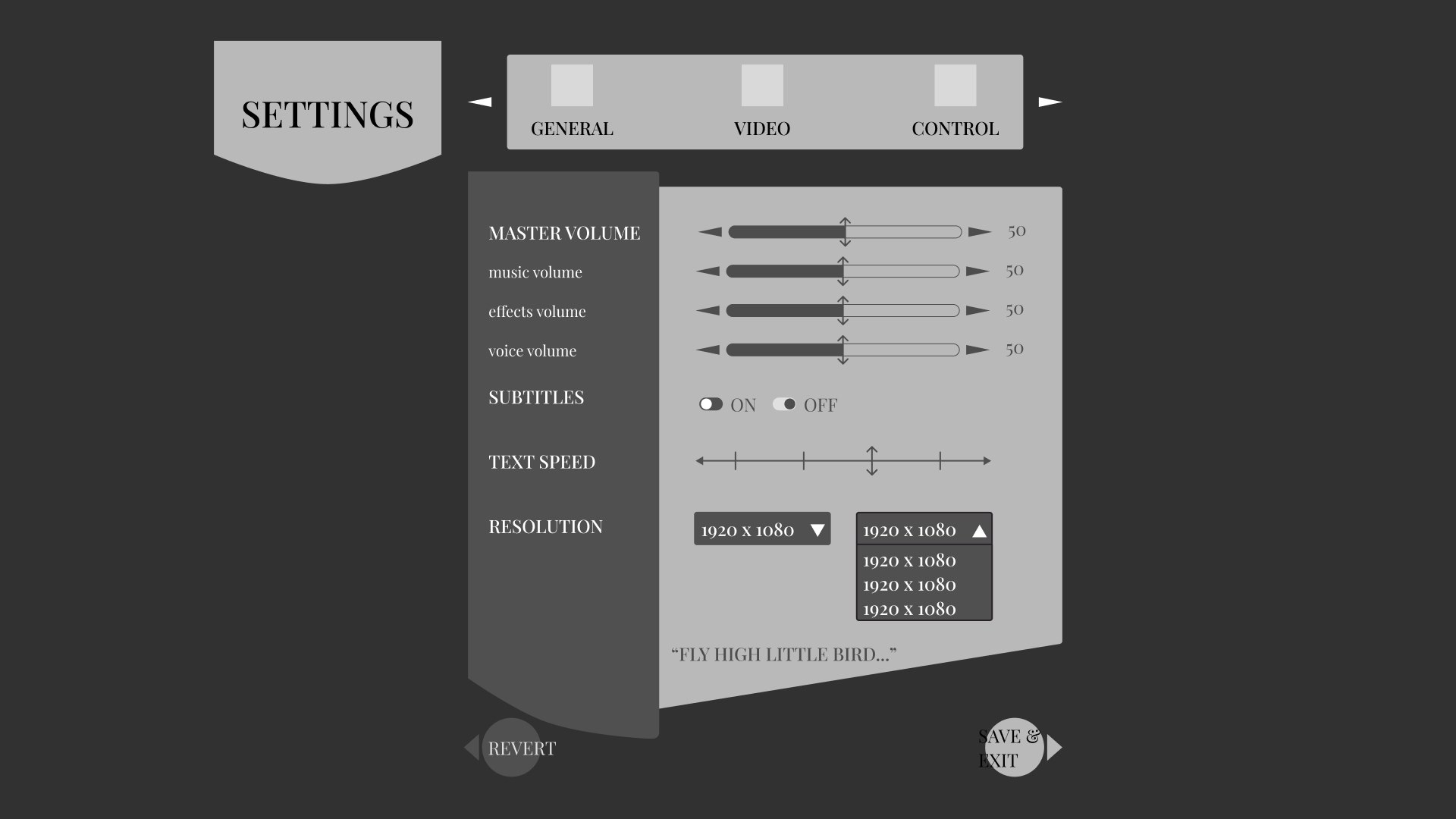 STARWEAVE settings screen, early lofi wireframe