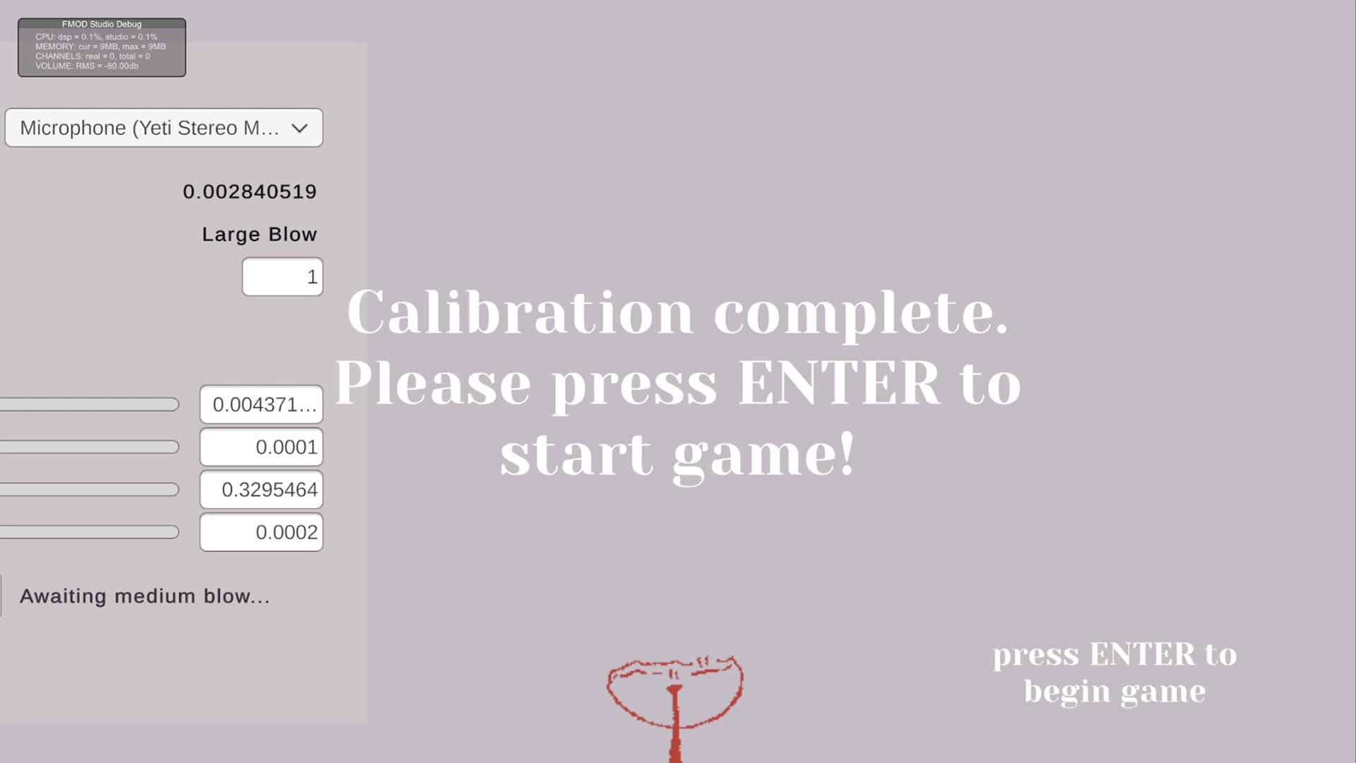 Debug build screen showing microphone calibration values and a Calibration complete message