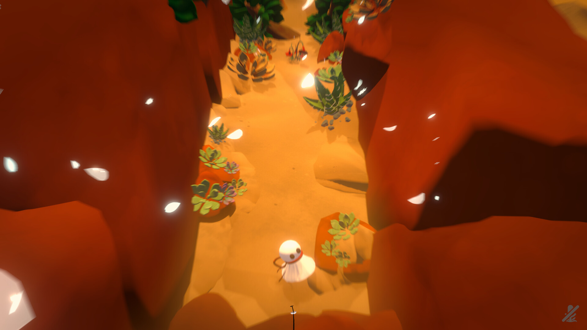 The Wisp walking through a narrow canyon path lined with glowing plants