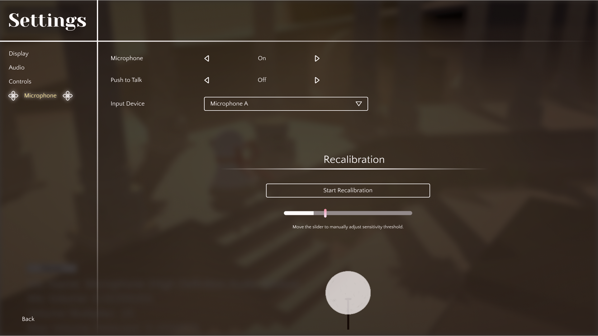 Settings menu showing a Start Recalibration button and a manual sensitivity threshold slider