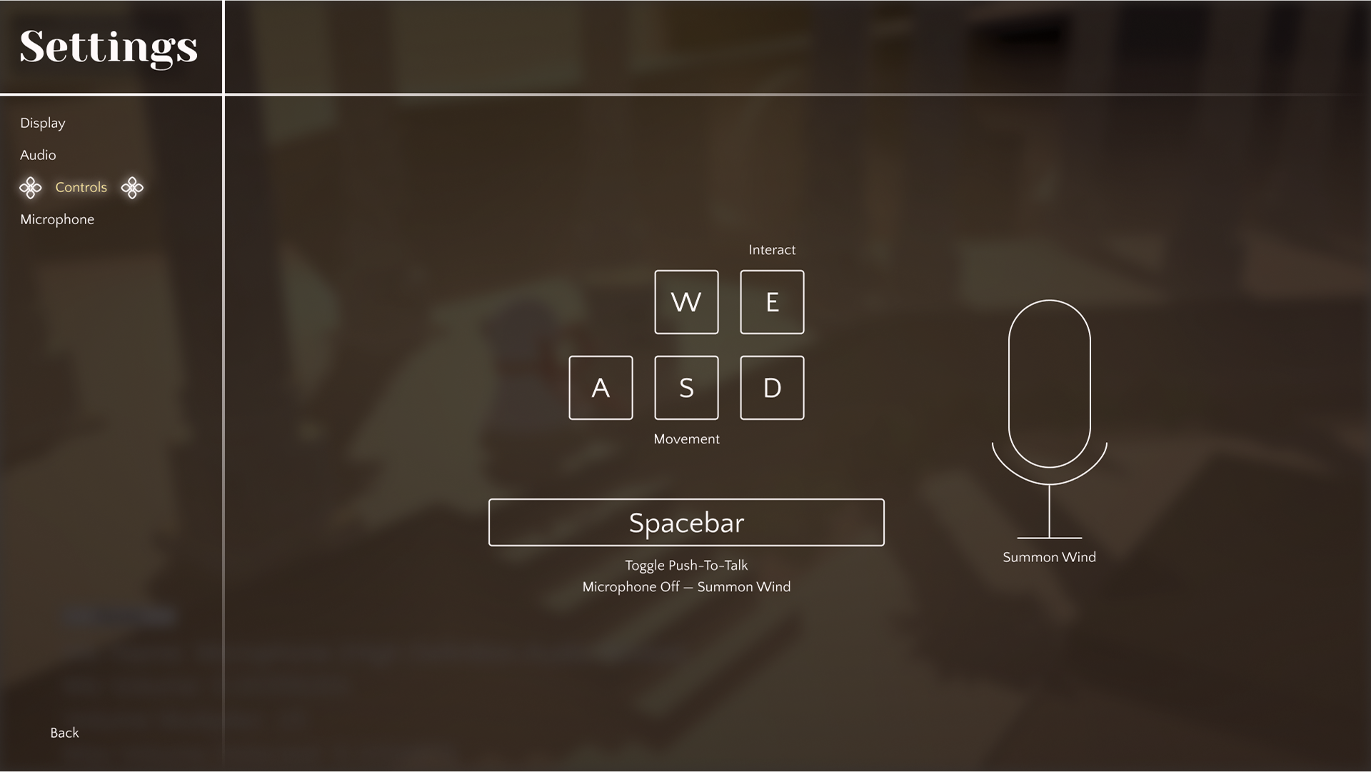Controls settings screen showing WASD movement and a Summon Wind microphone toggle